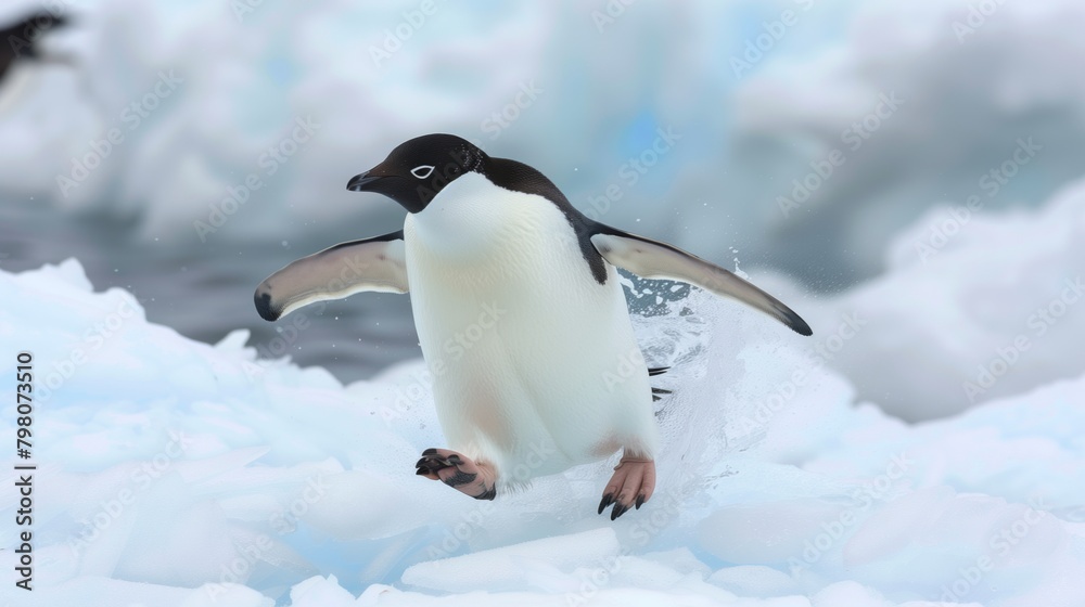 A dynamic shot of an Adelie penguin mid-leap, surrounded by splashing snow and icy background