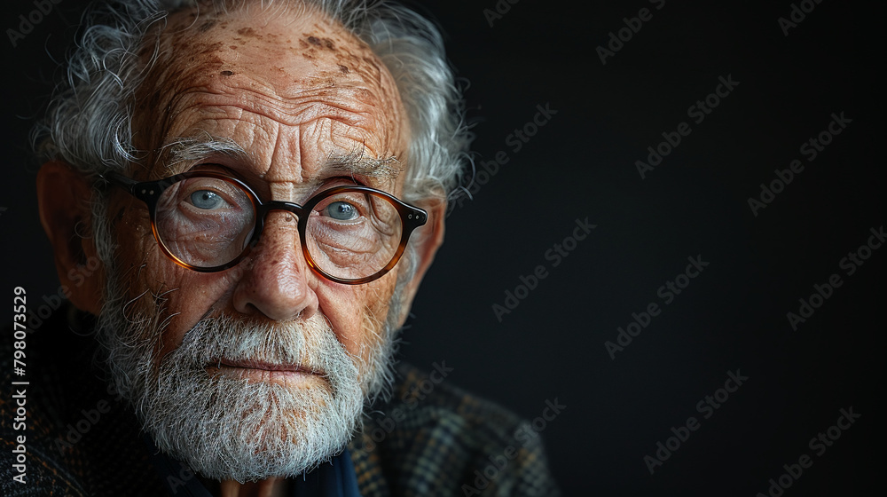 Professional studio photo portrait of a nice pleasant elderly man, senior, a retiree, with a pronounced emotional expression, widescreen 16:9 Professional studio photo portrait of a nice pleasant elderly man, senior, a retiree, with a pronounced emotional expression, widescreen 16:9