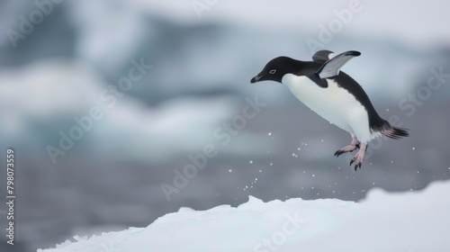 A captivating moment of an Adelie penguin leaping off a snowy edge into open space