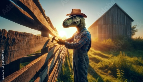 A dinosaur wearing a cowboy hat and overalls is building a fence on a ranch. photo