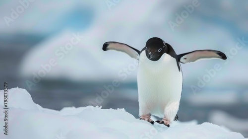 A tranquil image of an Adelie penguin with its wings outstretched  against a beautifully blurred icy backdrop
