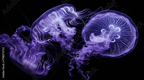 Purple jellyfishes in a black background. © MiguelAngel