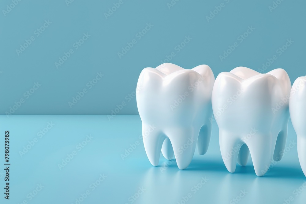 A row of white teeth on a blue surface. Ideal for dental or oral care concepts A row of white teeth on a blue surface. Ideal for dental or oral care concepts