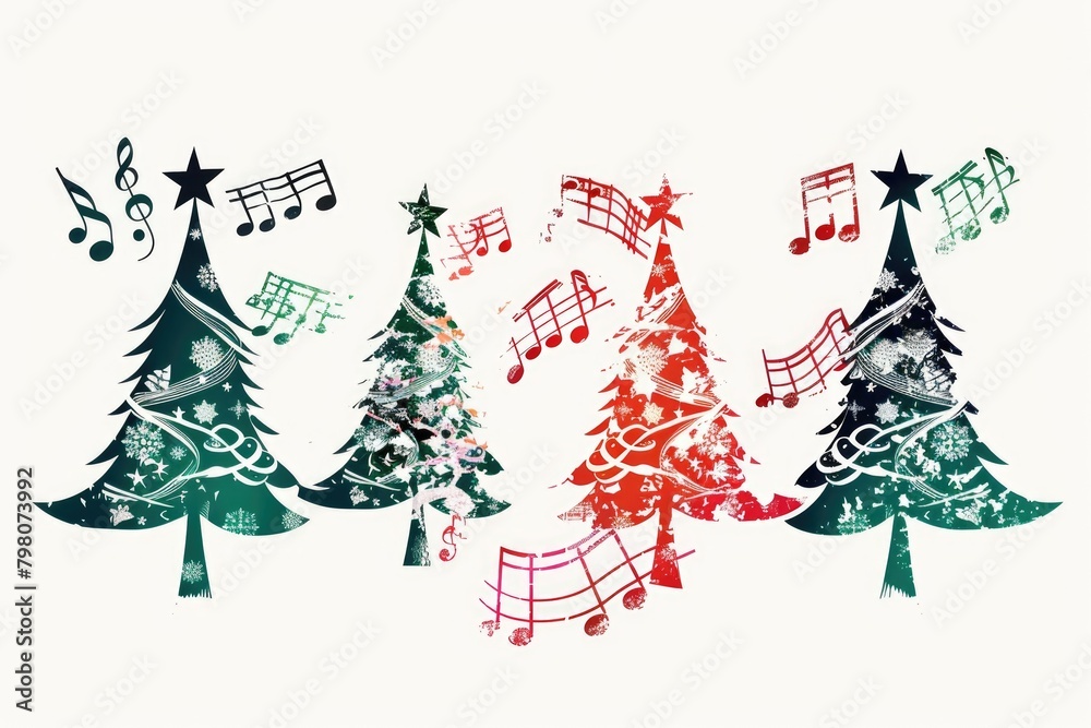 Festive Christmas trees decorated with musical notes. Perfect for holiday designs Festive Christmas trees decorated with musical notes. Perfect for holiday designs