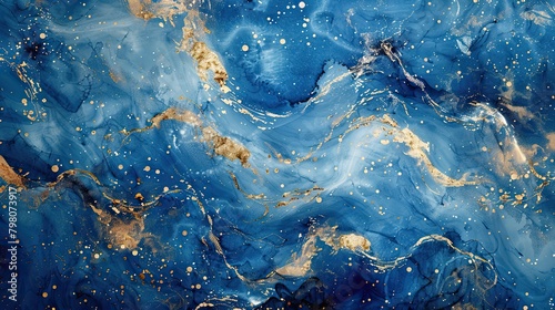 Abstract background, wavy organic textures, blue colors with golden hues. photo