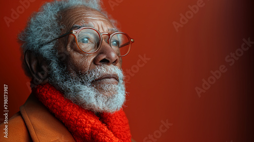 Professional studio photo portrait of a nice pleasant elderly man, senior, a retiree, with a pronounced emotional expression, widescreen 16:9 © elementalicious