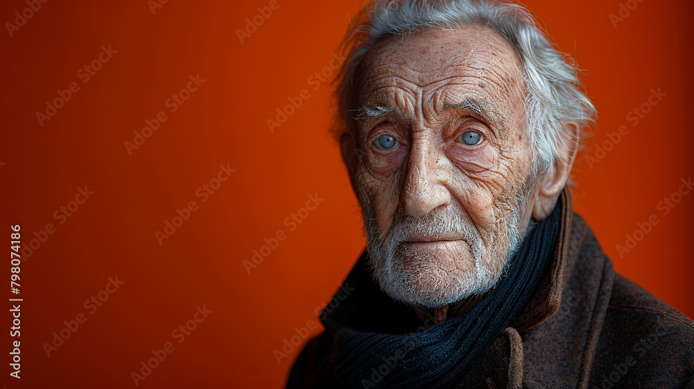 Professional studio photo portrait of a nice pleasant elderly man, senior, a retiree, with a pronounced emotional expression, widescreen 16:9