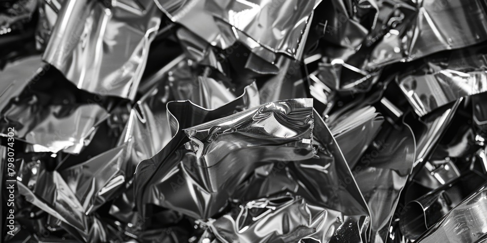 A monochrome image of a pile of silver foil. Suitable for design projects A monochrome image of a pile of silver foil. Suitable for design projects