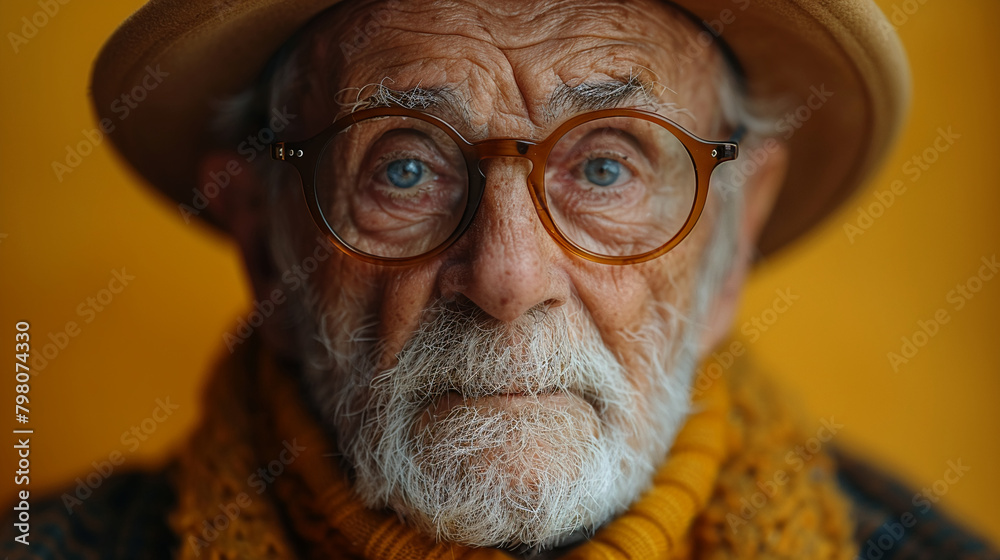 Professional studio photo portrait of a nice pleasant elderly man, senior, a retiree, with a pronounced emotional expression, widescreen 16:9 Professional studio photo portrait of a nice pleasant elderly man, senior, a retiree, with a pronounced emotional expression, widescreen 16:9