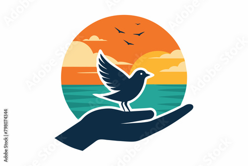 Sunset Hand Holding Bird Vector Illustration for Wall Art & Posters, Embracing Freedom