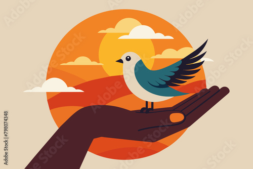 Sunset Hand Holding Bird Vector Illustration for Wall Art & Posters, Embracing Freedom