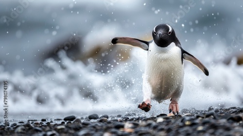 A single adélie penguin strides with purpose across a pebbly shore, spraying water in a dynamic Antarctic scene photo