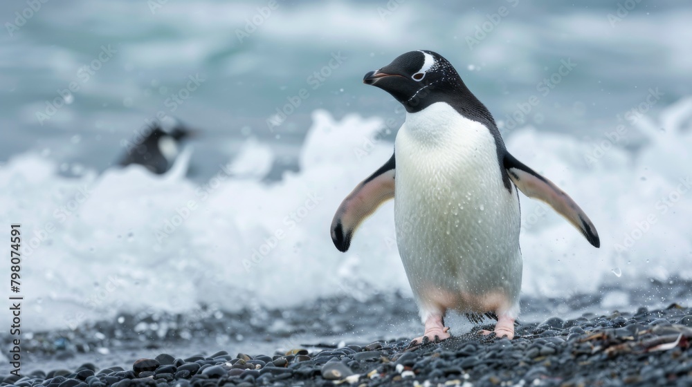 Obraz premium A serene Gentoo penguin stands gazing towards the sea as ocean spray mists the air around it, set against a pebble-filled shore