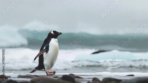 With a tranquil demeanor, a Gentoo penguin stands on a rocky shore, icebergs drifting in the ocean behind under a pale sky