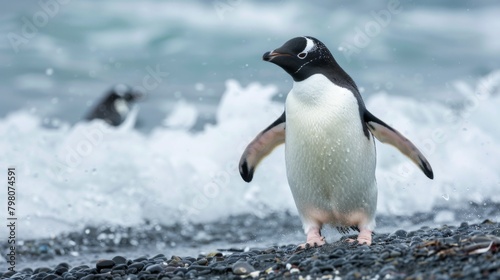 A serene Gentoo penguin stands gazing towards the sea as ocean spray mists the air around it  set against a pebble-filled shore