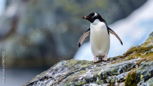 A penguin stands poised on a rock ledge, seeming to contemplate its next move in this natural and dynamic scene