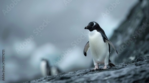 A solitary penguin stands on a snow-covered rock with soft snowfall in a serene Antarctic setting