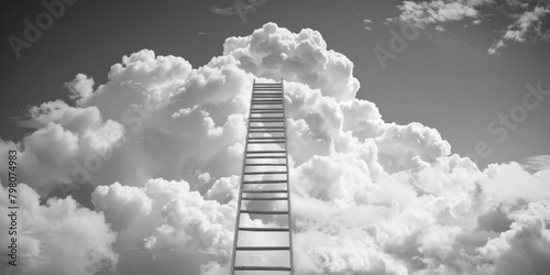 A black and white photo of a ladder reaching up into the clouds. Can be used for concepts of success, growth, or spirituality