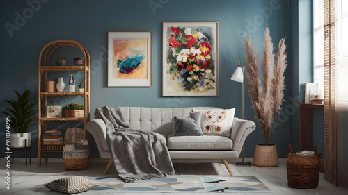 Modern composition of living room with design chaise longue, mock up paintings, rattan decoration, pillows, plaid, bamboo shelf and elegant personal accessories. Stylish korean concpet of home decor. photo
