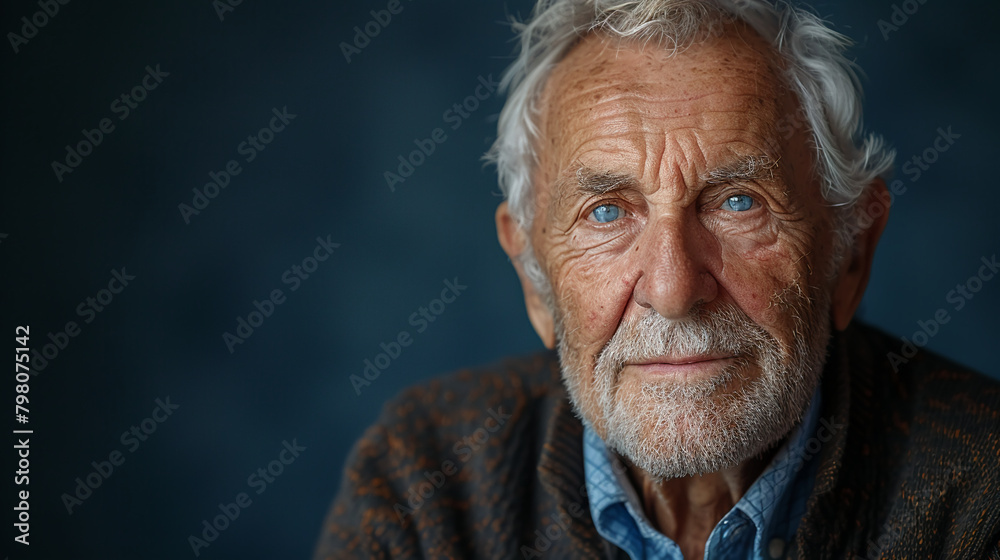 Professional studio photo portrait of a nice pleasant elderly man, senior, a retiree, with a pronounced emotional expression, widescreen 16:9 Professional studio photo portrait of a nice pleasant elderly man, senior, a retiree, with a pronounced emotional expression, widescreen 16:9