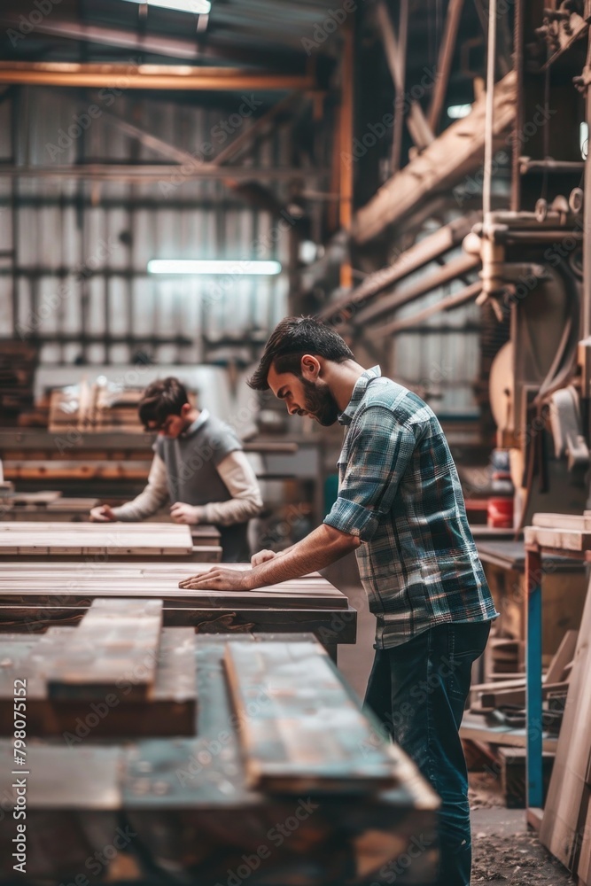 Two men working in a woodworking shop. Suitable for carpentry and craftsmanship concepts