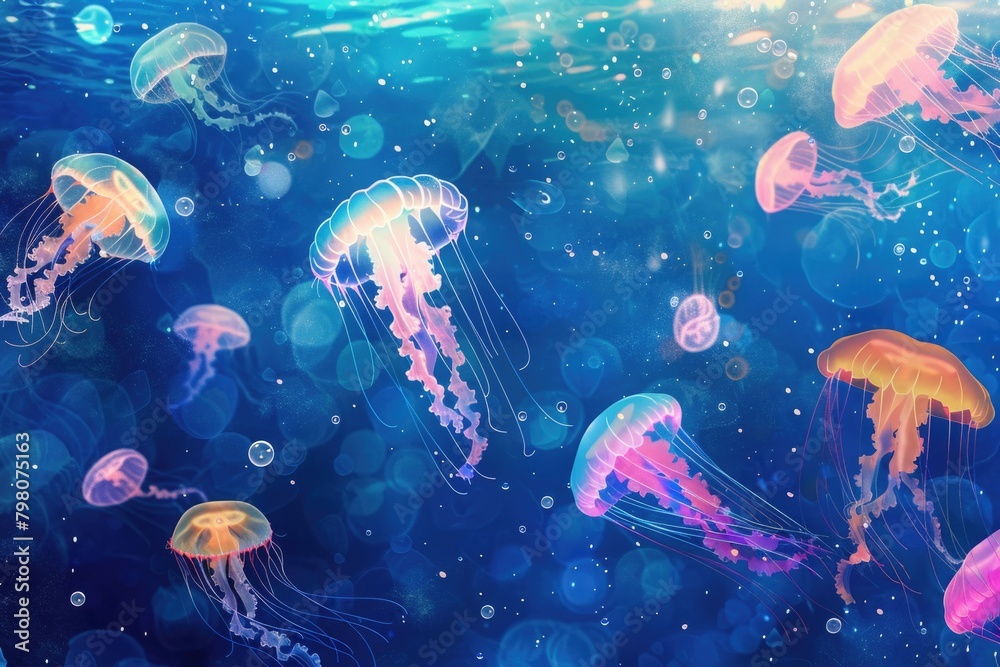 Group of jellyfish swimming in the ocean. Perfect for marine life concepts Group of jellyfish swimming in the ocean. Perfect for marine life concepts