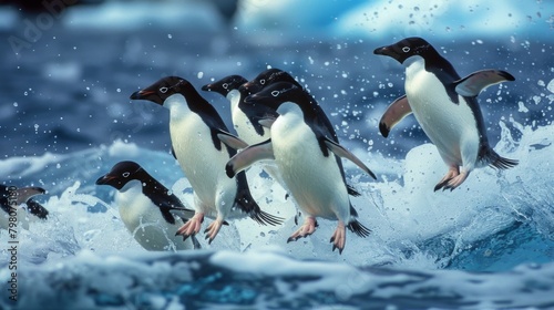 A stunning photograph highlighting Adelie penguins on a bright day, their slick black and white feathers contrasting against the blue icy water