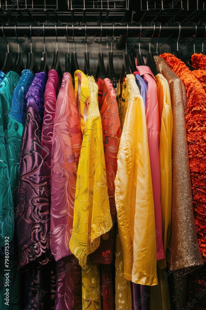 Various colored dresses hanging on a rack, suitable for fashion and retail concepts