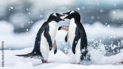 A passionate display of two penguins engaging in a vocal squabble amidst a snowy backdrop captures the fervor of wildlife