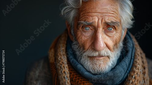 Professional studio photo portrait of a nice pleasant elderly man, senior, a retiree, with a pronounced emotional expression, widescreen 16:9