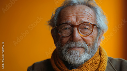 Professional studio photo portrait of a nice pleasant elderly man, senior, a retiree, with a pronounced emotional expression, widescreen 16:9