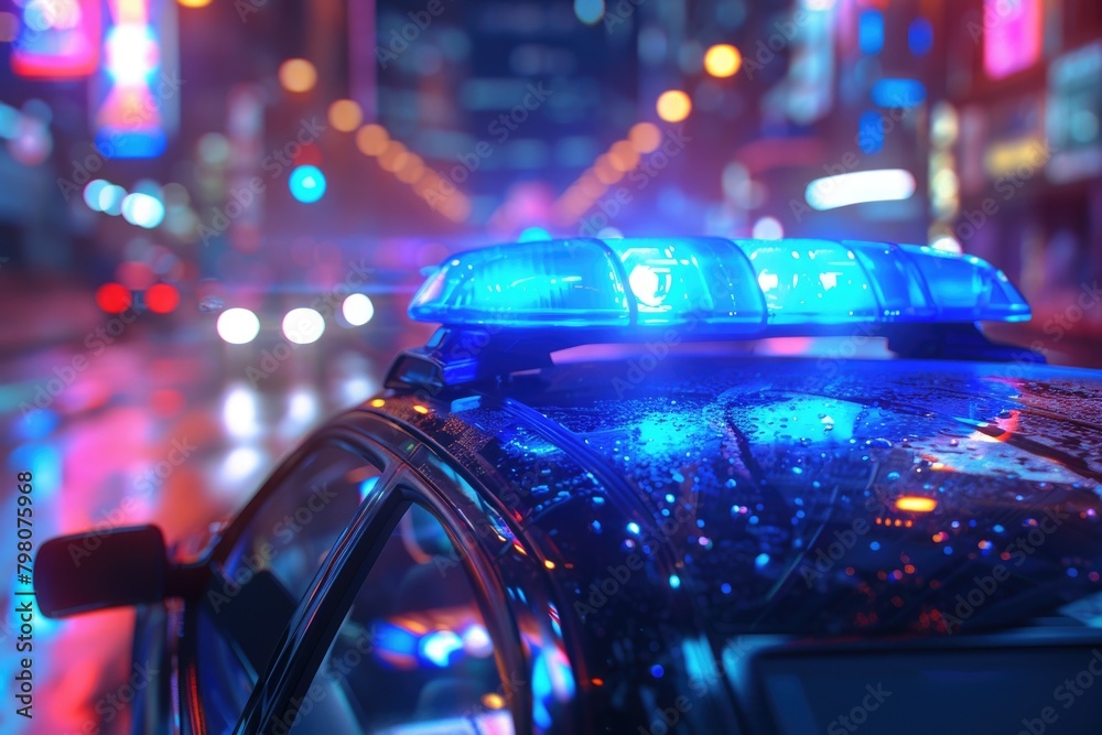 Close up of a police car on a city street. Suitable for law enforcement concepts