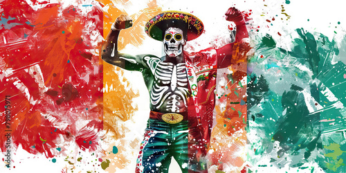 Mexican Flag with a Day of the Dead Celebrant and a Luchador - Imagine the Mexican flag with a Day of the Dead celebrant representing Mexico's cultural traditions and a luchador photo