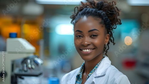 Passionate African female scientist conducting medical research in a contemporary laboratory. Concept Medical Research, African Scientist, Laboratory Setting, Contemporary Technology, Passionate Work photo