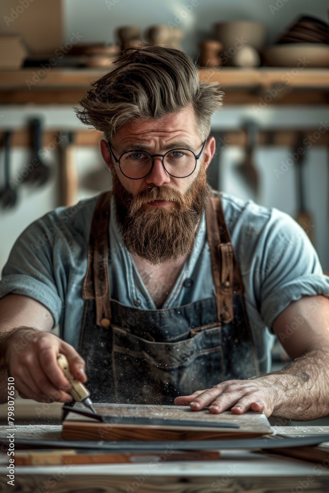 A man with a beard and glasses working on a piece of wood. Suitable for woodworking and craftsmanship projects A man with a beard and glasses working on a piece of wood. Suitable for woodworking and craftsmanship projects