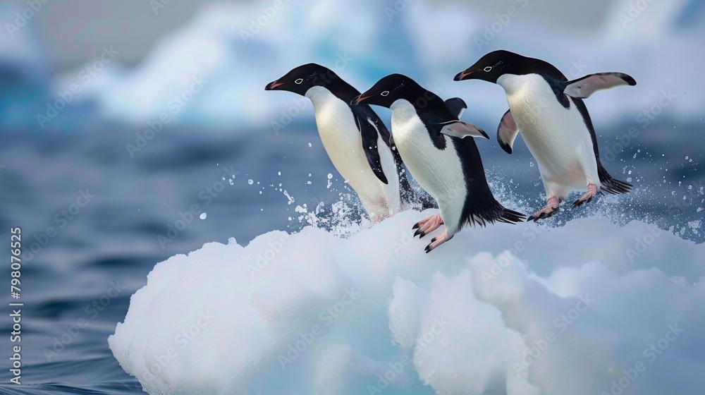 An action shot of three penguins jumping off an iceberg with sharp clarity and a focus on the movement and the splashes created