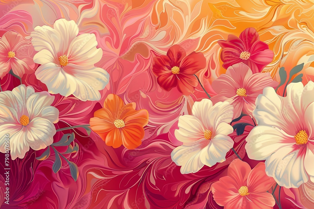 Stylized illustration of flowers in warm tones with swirling patterns, offering a rich and vibrant design for various creative uses.