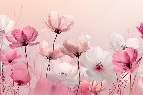 Gentle cosmos flowers in shades of pink and white  evoking a serene field at dawn  perfect for peaceful and calm themes.