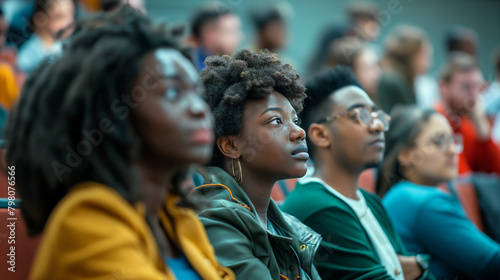 A bustling university lecture hall hosts a diverse group of students, including young men and women, for a class on a fascinating academic subject. The hall is modern with sleek