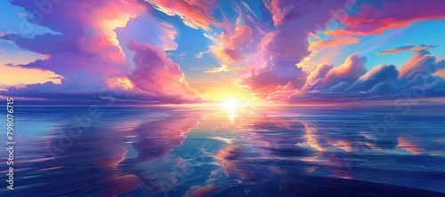 Sunset or sunrise in ocean, radiant sun dips into ocean with fiery clouds, picturesque end of day scene