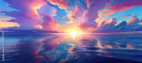 Sunset or sunrise in ocean  radiant sun dips into ocean with fiery clouds  picturesque end of day scene