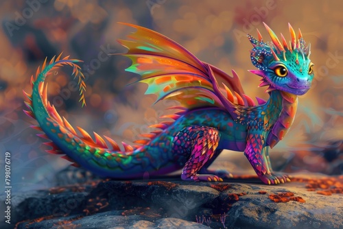 A vibrant dragon perched on a rock. Ideal for fantasy themed designs