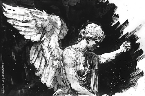 Detailed black and white illustration of an angel. Perfect for religious or spiritual themes