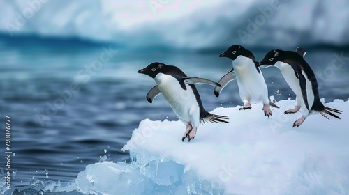 A captivating image of three penguins taking a bold leap off an icy ledge into the sea below