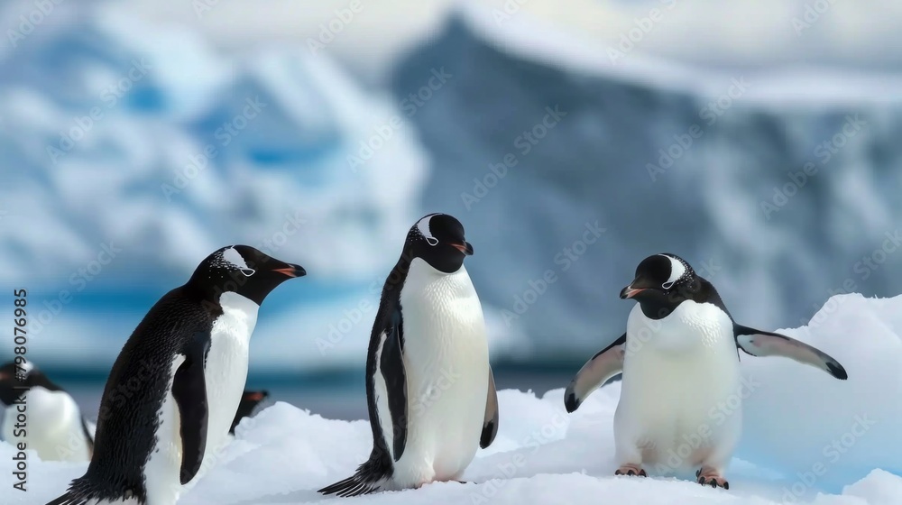 An engaging view of multiple penguins in varying poses set against the Antarctic icy landscape, highlighting the diversity of these birds' expressions