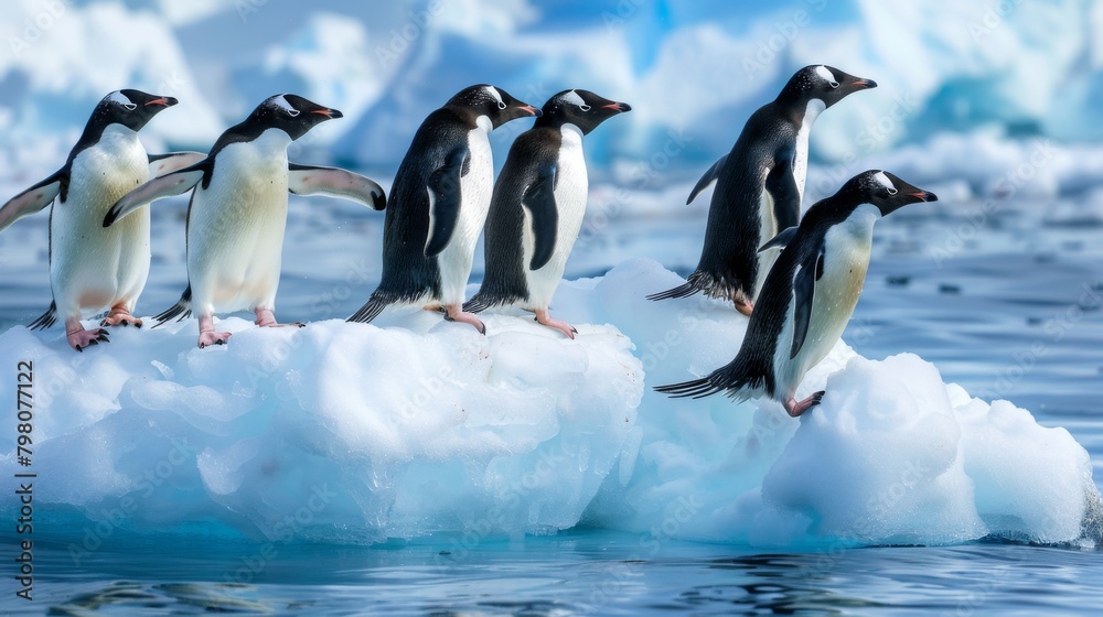 A group of five penguins poised on a fast-melting ice floe in vivid detail