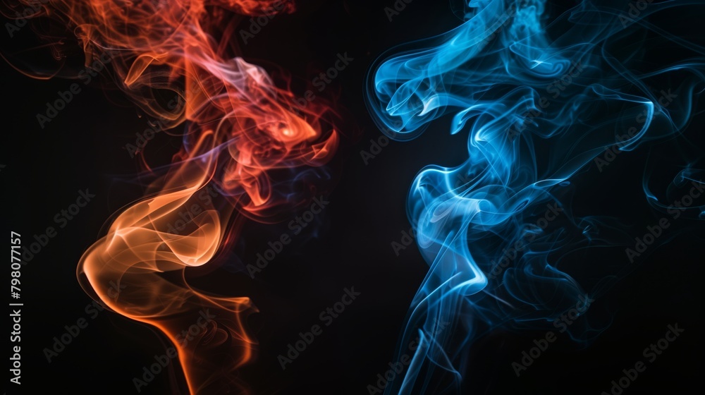 A wallpaper of two flames, one red and the other blue, smoke between them against a dark background. A wallpaper of two flames, one red and the other blue, smoke between them against a dark background.