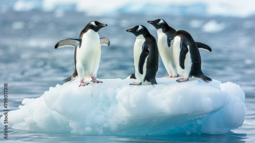 Fototapeta premium An adorable trio of penguins seems to dance on a drifting iceberg with a soft-focus ocean background evoking a sense of freedom