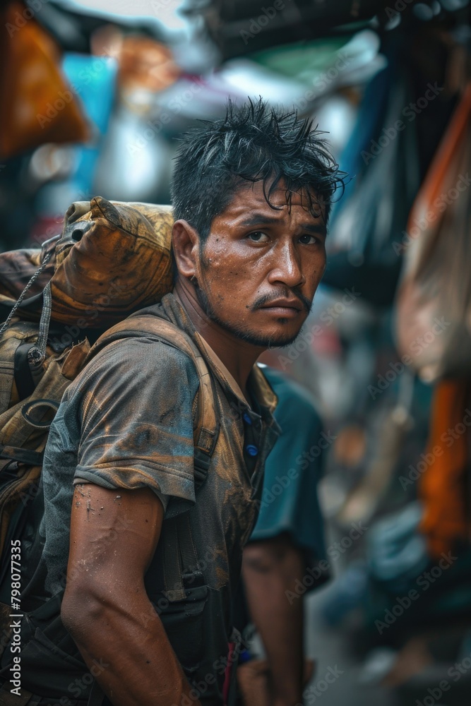 A man with a backpack walking down a street. Suitable for travel or urban lifestyle concepts A man with a backpack walking down a street. Suitable for travel or urban lifestyle concepts