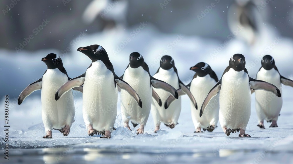 Fototapeta premium A dynamic image depicting a row of penguins in the Antarctic sunlight with shadows